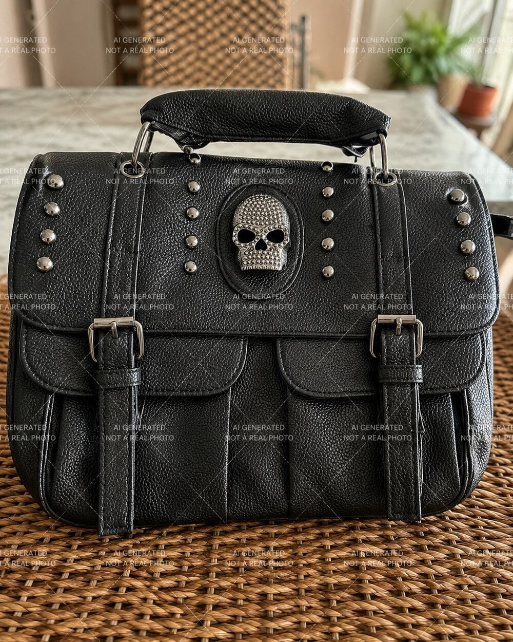 Black Skull Studded Satchel Handbag Gothic Punk‎ Rock Buckle Flap Tote Purse